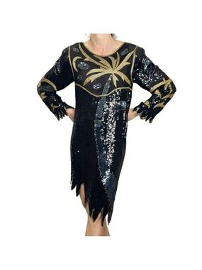 Vintage 100% silk black gold beaded palm tree asymmetrical hem flapper dress M